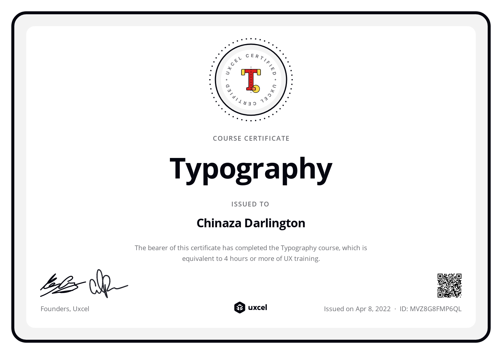 Chinaza Darlington's certificate